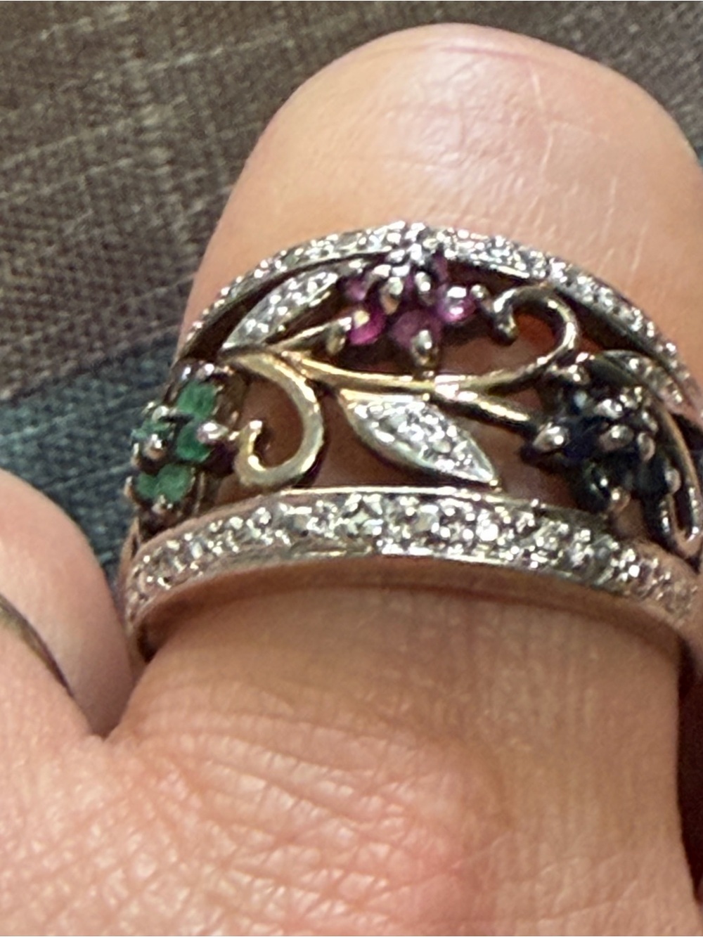 Women Floral Multi-Gem Silver Ring with Pavé Accents